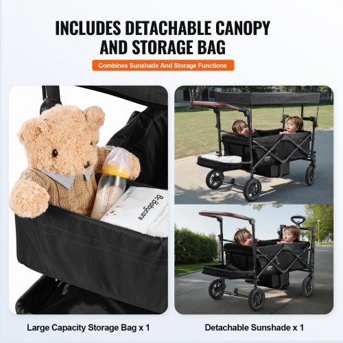 Wagon Stroller for 2 Kids Push Pull Quad Collapsible Stroller with Adjustable