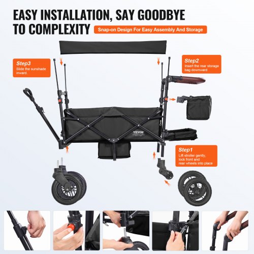 Wagon Stroller for 2 Kids Push Pull Quad Collapsible Stroller with Adjustable