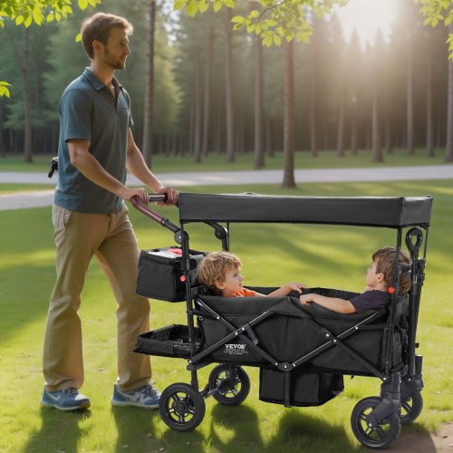 Wagon Stroller for 2 Kids Push Pull Quad Collapsible Stroller with Adjustable