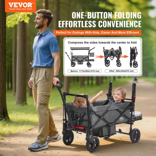 Wagon Stroller for 2 Kids Push Pull Quad Collapsible Stroller with Adjustable