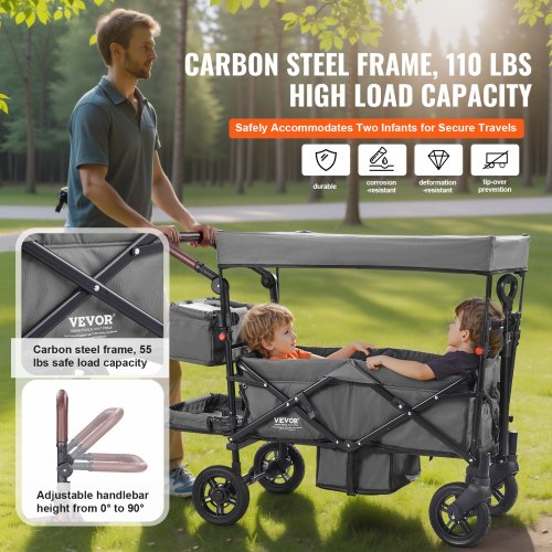 Wagon Stroller for 2 Kids Push Pull Quad Collapsible Stroller with Adjustable