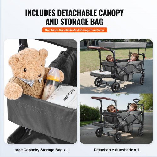 Wagon Stroller for 2 Kids Push Pull Quad Collapsible Stroller with Adjustable