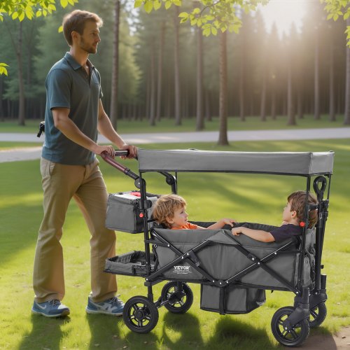 Wagon Stroller for 2 Kids Push Pull Quad Collapsible Stroller with Adjustable