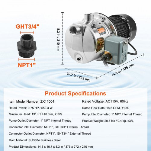 34HP SUS304 Stainless Steel Shallow Well Jet Pump 115 Volt 185 GPM 131