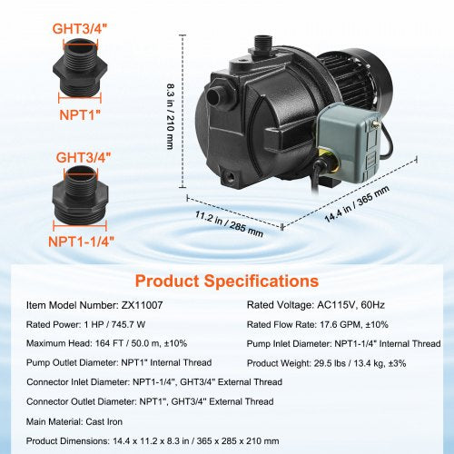 1HP Premium Cast Iron Shallow Well Jet Water Pump 115 Volt 176 GPM 164 FT