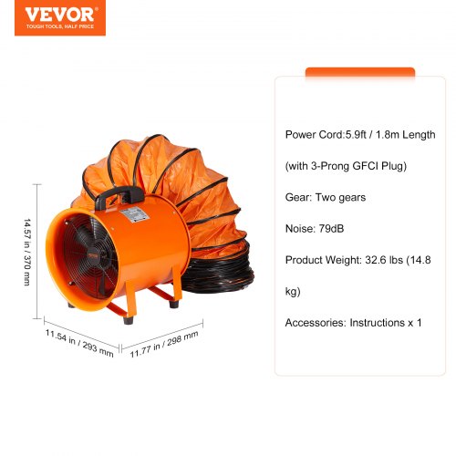 Portable Ventilator 10 inch Heavy Duty Cylinder Fan with 33ft Duct Hose