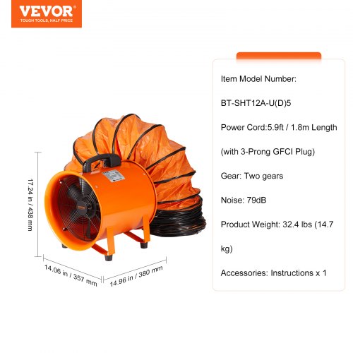 Portable Ventilator 12 inch Heavy Duty Cylinder Fan with 164ft Duct Hose