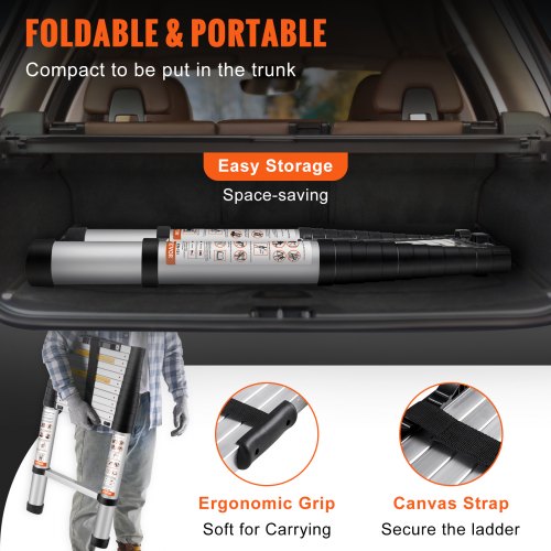 Telescoping Ladder 12.5 FT Aluminum Onebutton Retraction Collapsible