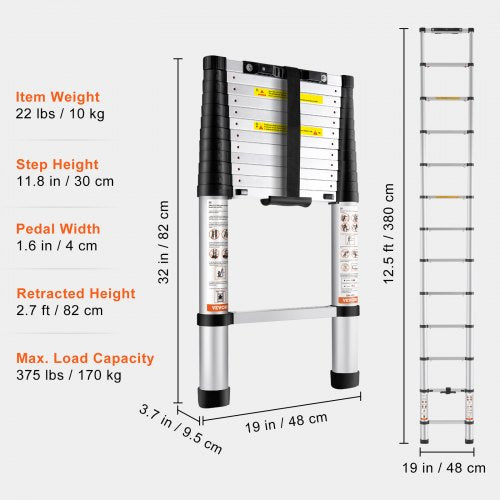 Telescoping Ladder 12.5 FT Aluminum Onebutton Retraction Collapsible