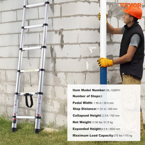 Telescoping Ladder 8.5FT Aluminum Lightweight Extension Ladder Onebutton