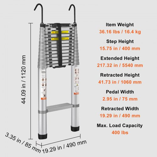 Telescoping Ladder 18.5 FT Aluminum Onebutton Retraction Collapsible