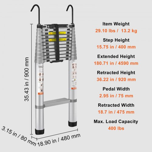 Telescoping Ladder 15 FT Aluminum Onebutton Retraction Collapsible