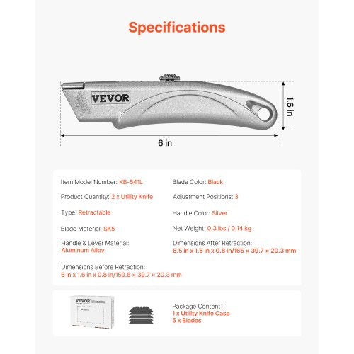 Utility Knife 2Pack Retractable Box Cutter with Aluminum Alloy Case SK5