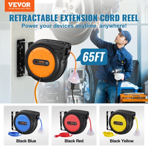 Retractable Extension Cord Reel Power Cord Reel 65FT 12AWG3C SJTOW