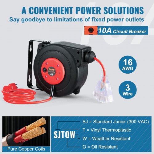 Retractable Extension Cord Reel Power Cord Reel 30FT 16AWG3C SJTOW