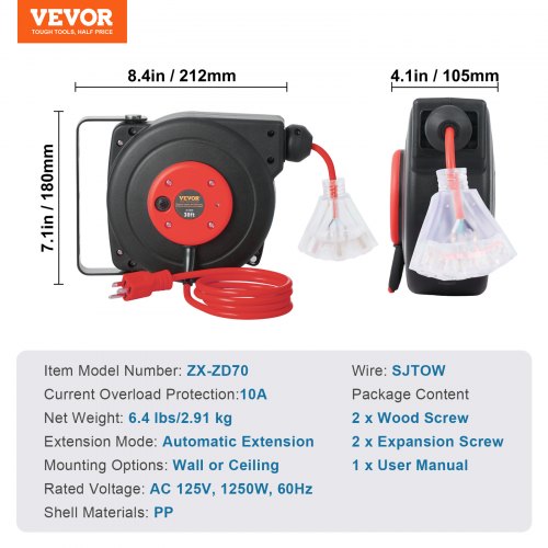 Retractable Extension Cord Reel Power Cord Reel 30FT 16AWG3C SJTOW