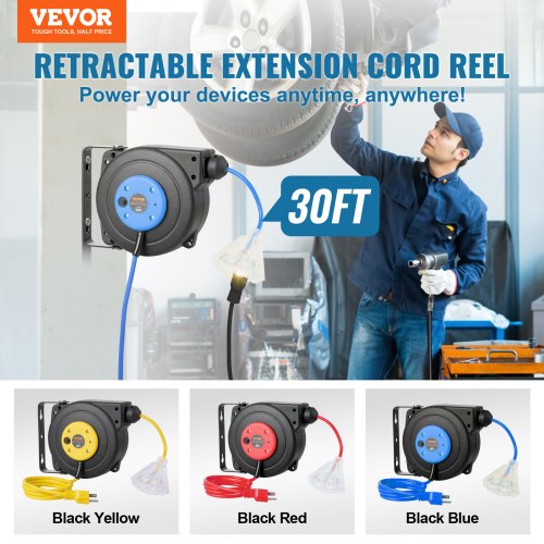 Retractable Extension Cord Reel Power Cord Reel 30FT 16AWG3C SJTOW