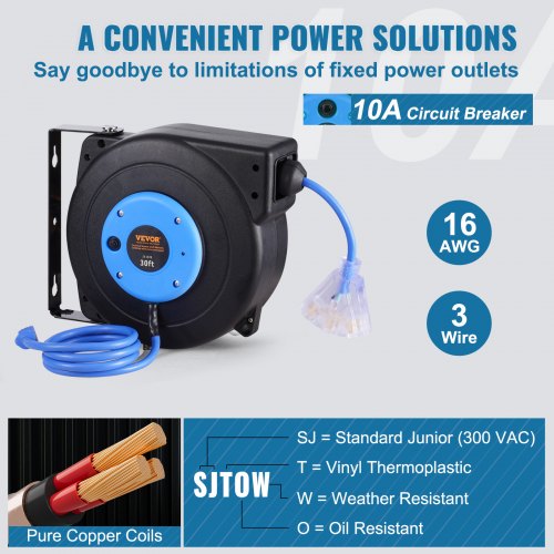 Retractable Extension Cord Reel Power Cord Reel 30FT 16AWG3C SJTOW