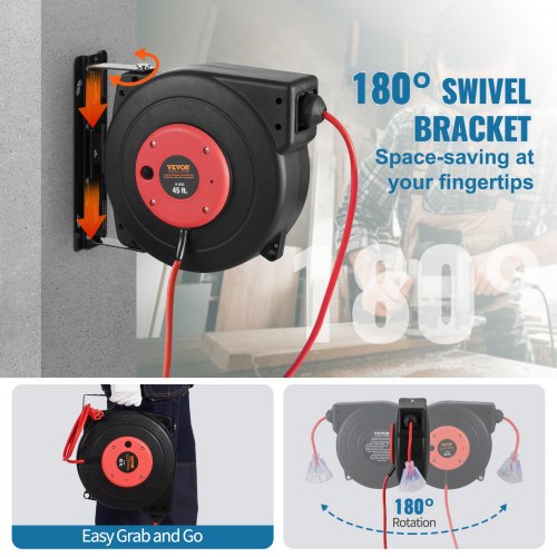 Retractable Extension Cord Reel 45 FT Heavy Duty 12AWG3C SJTOW