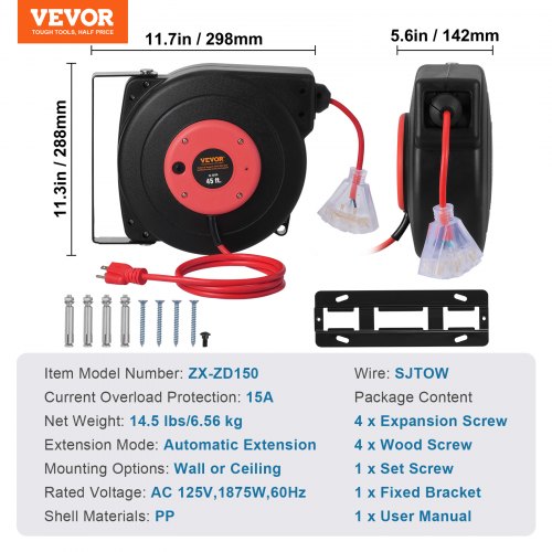 Retractable Extension Cord Reel 45 FT Heavy Duty 12AWG3C SJTOW