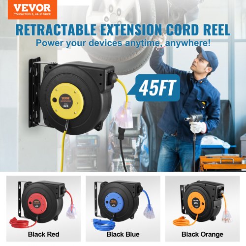 Retractable Extension Cord Reel 45 FT Heavy Duty 12AWG3C SJTOW