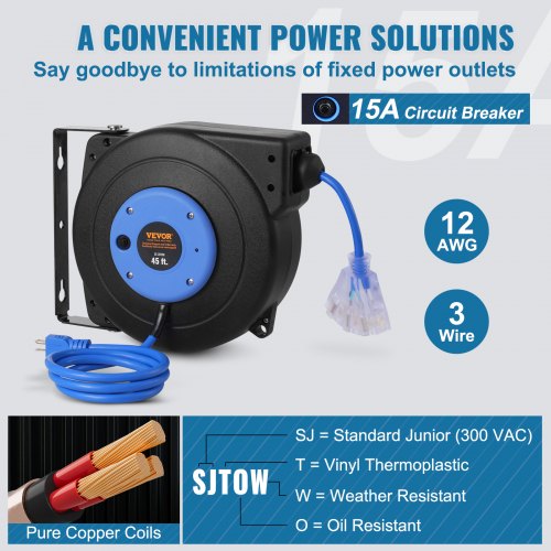Retractable Extension Cord Reel Power Cord Reel 45FT 12AWG3C SJTOW