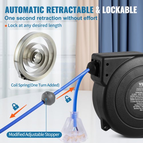 Retractable Extension Cord Reel Power Cord Reel 45FT 12AWG3C SJTOW