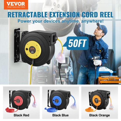 Retractable Extension Cord Reel 50 FT Heavy Duty 14AWG3C SJTOW