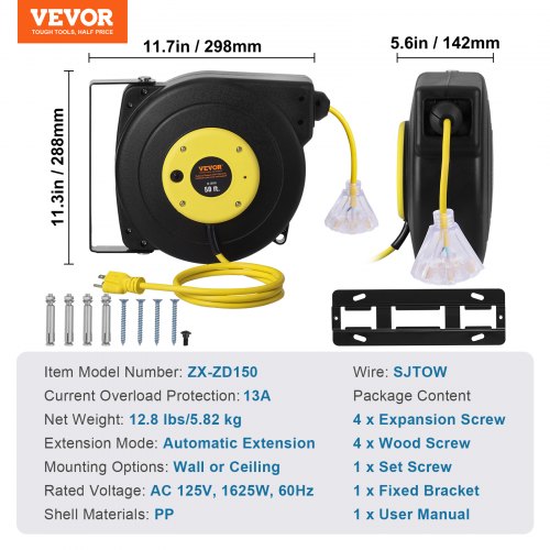 Retractable Extension Cord Reel 50 FT Heavy Duty 14AWG3C SJTOW