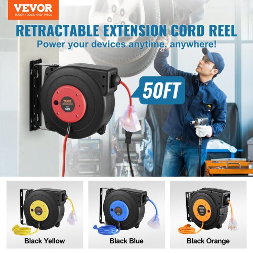 Retractable Extension Cord Reel 50 FT Heavy Duty 14AWG3C SJTOW