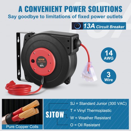 Retractable Extension Cord Reel 50 FT Heavy Duty 14AWG3C SJTOW