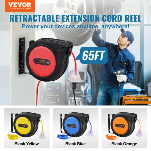 Retractable Extension Cord Reel 65 FT Heavy Duty 12AWG3C SJTOW