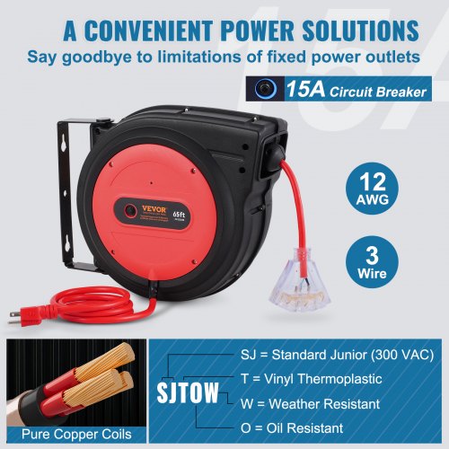 Retractable Extension Cord Reel 65 FT Heavy Duty 12AWG3C SJTOW