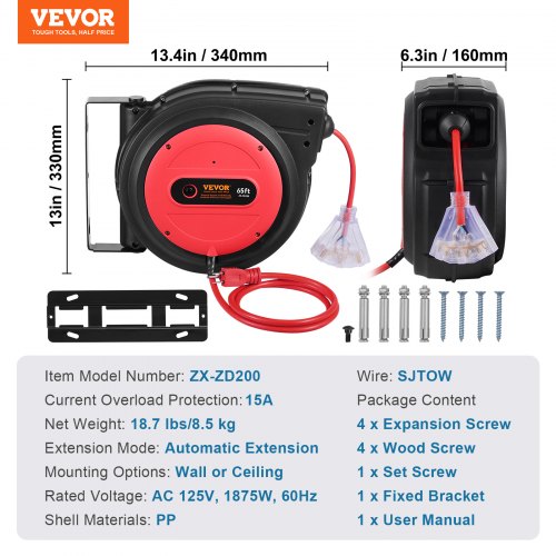 Retractable Extension Cord Reel 65 FT Heavy Duty 12AWG3C SJTOW