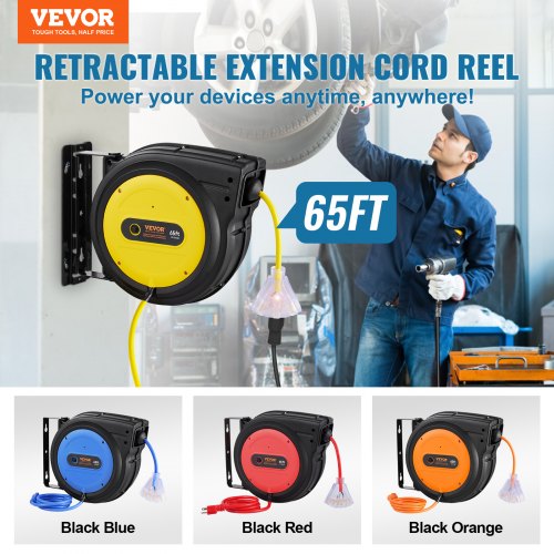 Retractable Extension Cord Reel 65 FT Heavy Duty 12AWG3C SJTOW