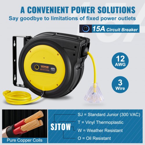 Retractable Extension Cord Reel 65 FT Heavy Duty 12AWG3C SJTOW