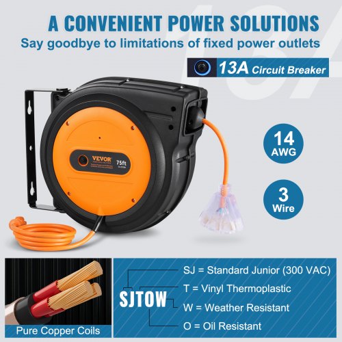Retractable Extension Cord Reel 75 FT Heavy Duty 14AWG3C SJTOW
