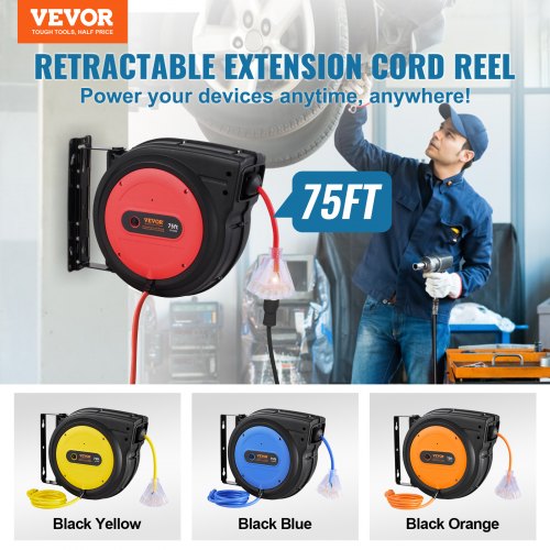 Retractable Extension Cord Reel 75 FT Heavy Duty 14AWG3C SJTOW
