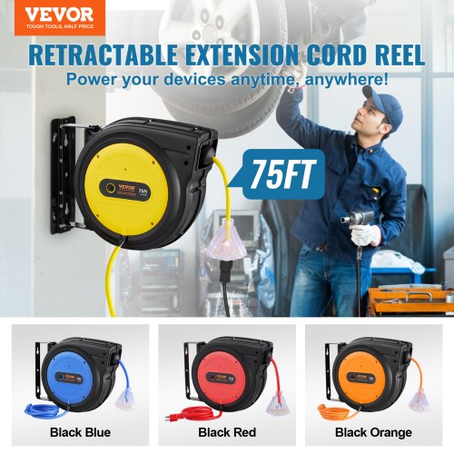 Retractable Extension Cord Reel 75 FT Heavy Duty 14AWG3C SJTOW