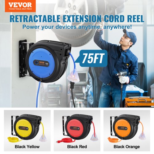 Retractable Extension Cord Reel 75 FT Heavy Duty 14AWG3C SJTOW