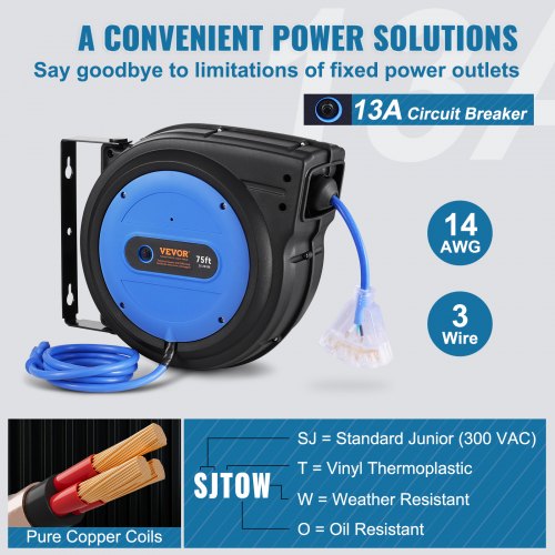Retractable Extension Cord Reel 75 FT Heavy Duty 14AWG3C SJTOW