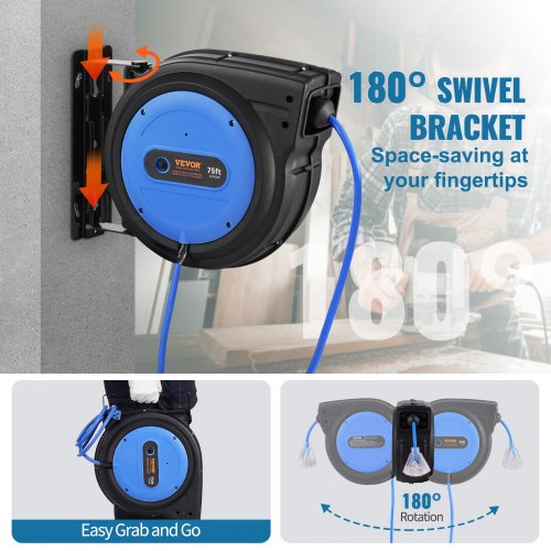 Retractable Extension Cord Reel 75 FT Heavy Duty 14AWG3C SJTOW