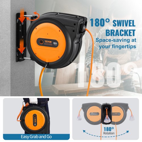 Retractable Extension Cord Reel 80 FT Heavy Duty 12AWG3C SJTOW