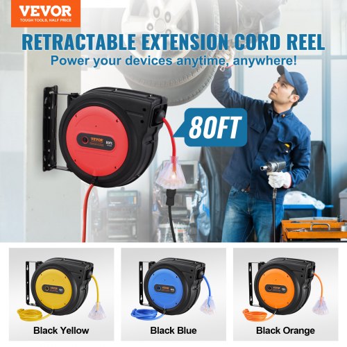 Retractable Extension Cord Reel 80 FT Heavy Duty 12AWG3C SJTOW