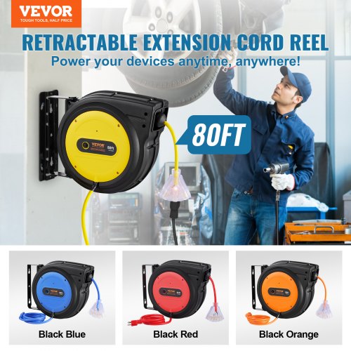 Retractable Extension Cord Reel 80 FT Heavy Duty 12AWG3C SJTOW