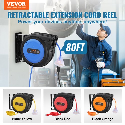 Retractable Extension Cord Reel 80 FT Heavy Duty 12AWG3C SJTOW