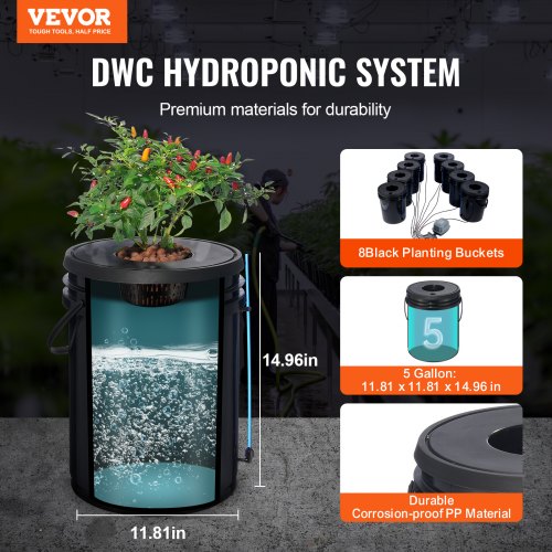 DWC Hydroponic System 5 Gallon 8 Buckets Deep Water Culture Growing