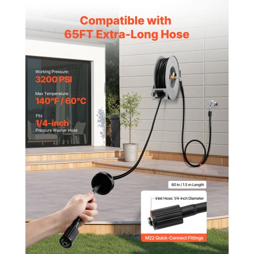 Pressure Washer Hose Reel 65 ft x 14 inch Retractable Power HeavyDuty