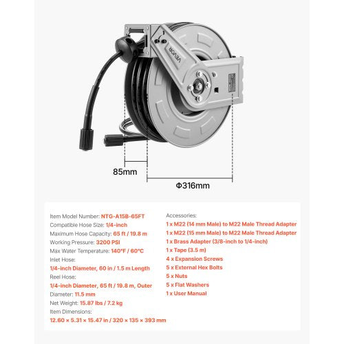 Pressure Washer Hose Reel 65 ft x 14 inch Retractable Power HeavyDuty