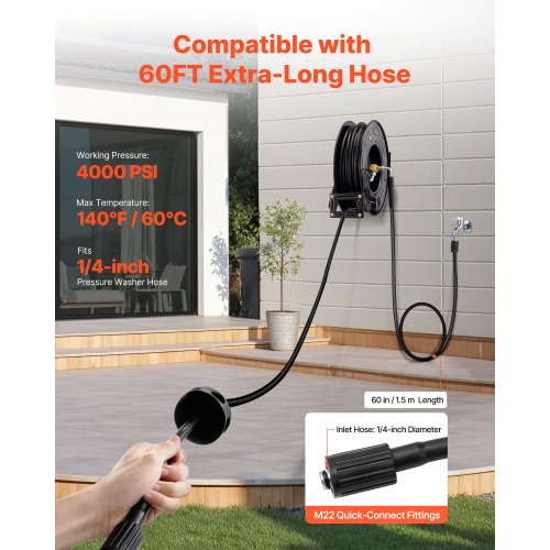 Pressure Washer Hose Reel 60 ft x 14 inch Retractable Power HeavyDuty